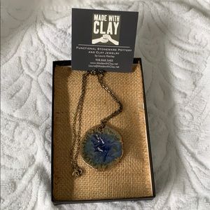 Handmade clay blue pendant necklace
